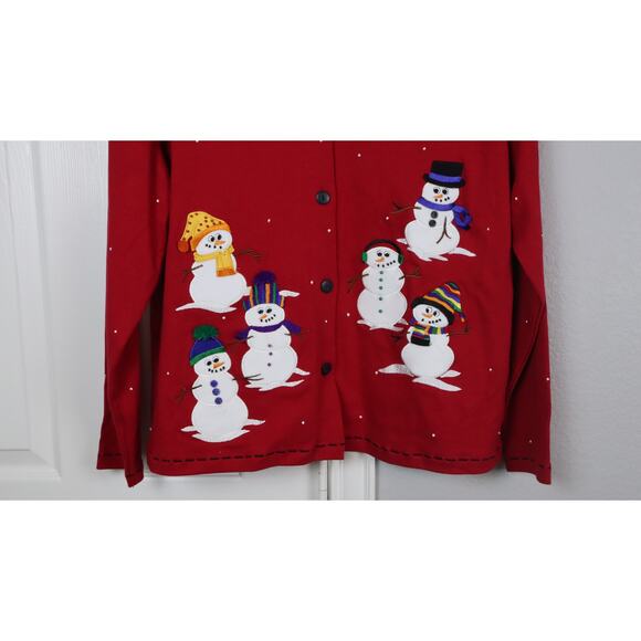 NWT Bechamel Red Christmas Sweater Button Down Snowman Embroidered Large - Picture 4 of 8